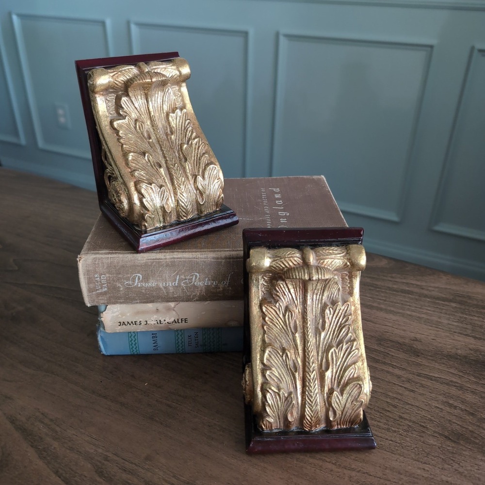 Gold Gilded Resin and Faux Wood Corbel Book Ends| Classic Acanthus Leaf Design